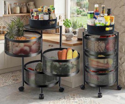 HomeWiz 3-Layer Round Kitchen Trolley | Movable Storage Organizer for Fruits & Vegetables | Black