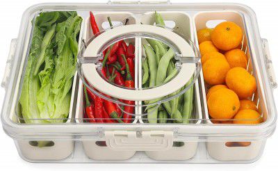 HomeWiz Divided Fridge Storage Box with Lid & Handle | 4-Compartment Veggie Tray Organizer (1 Pc)