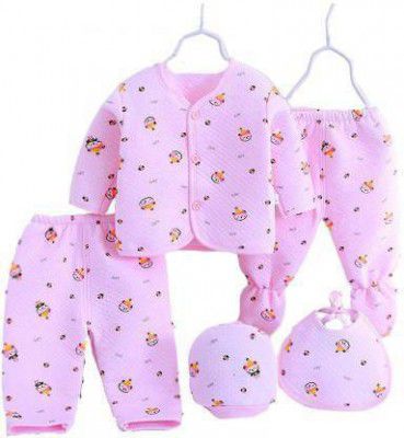 Honey Boo Presents New Born Baby Winter Wear Keep warm Cartoon Printing Baby Clothes 5Pcs Sets Cotton Baby Boys Girls Unisex Baby Fleece (Pink)