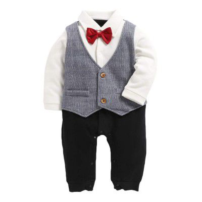 Hopscotch Baby Boys Cotton Bow Applique Full Sleeves Romper in Gray Color