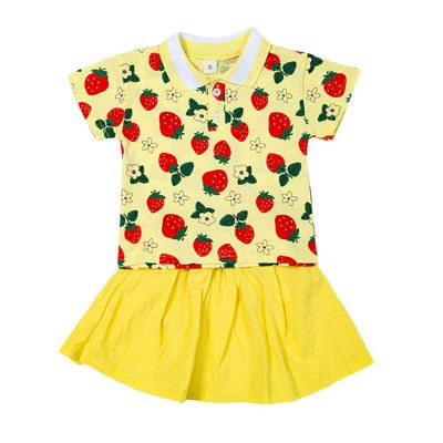 Hopscotch Baby Girls Cotton and Polyester All-Over Print T-Shirt and Skirt Set in Yellow Colour