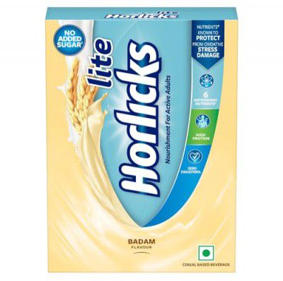 Horlicks Lite Badam Flavour Health & Nutrition Drink For Adults 500g Refill Pack, High Protein & Nutrients For Immunity - No Added Sugar