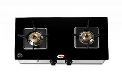 Hornbills Auto Ignition Glass Top 2 Burner Gas Stove with Heavy Square Pan Support, Black, LPG (ISI Certified, Black)- 2 Year Warranty