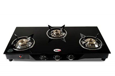 Hornbills Auto Ignition Glass Top 3 Burner Gas Stove with Heavy 3D Pan Support, Black, LPG (ISI Certified, Black)- 2 Year Warranty By Hornbills Appliances