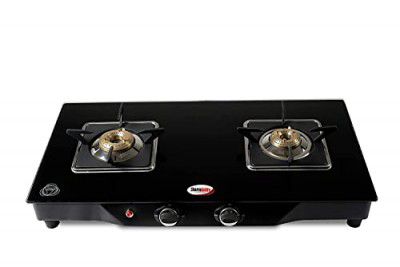 Hornbills Auto Ignition Stainless Steel Glass Top 2 Burner Gas Stove with Heavy Square Pan Support Black, LPG (ISI Certified, Black)- 2 Year Warranty By Hornbills Appliances