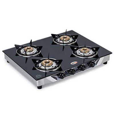 Hornbills ISI CERTIFIED Premium Toughened Glass LPG With Heavy Pan Support Glass Manual 4 Burners Gas Stove