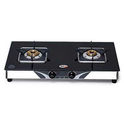 HORNBILLS LPG Premium 7MM Toughened Glass Stainless Steel Manual Ignition Gas Stove 2 Brass Burners 2 Year Warranty By Hornbills Appliances
