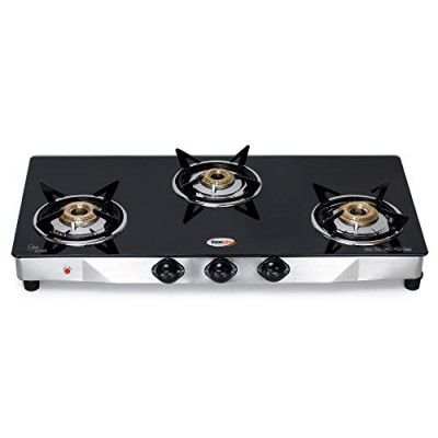 HORNBILLS LPG Premium Design 7MM Toughened Glass Stainless Steel Automatic Ignition Gas Stove 3 Brass Burners 2 Year Warranty By Hornbills Appliances