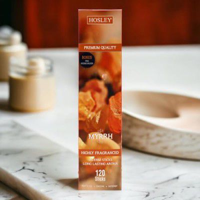 HOSLEY Myrrh Natural Fragrance Incense Sticks |Infused with Essential Oils Agarbatti Sticks|Perfect for Home, Pooja,Meditation| with Free Wooden Holder|Pack of 1(120 Incense Sticks)