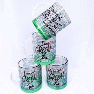 Hot Muggs Green Tea Lovers Group Glass Mug Set, 350ml, Set of 4, Multicolour
