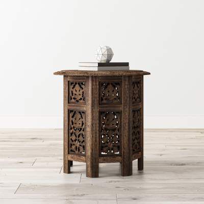 House of Pataudi Wooden Handcrafted Carved Solid Folding Brown Coffee Table Solid Wood Side Table (Brown)