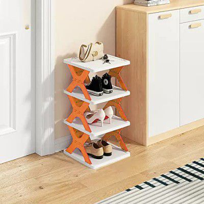 House of Quirk 4 Tier Collapsible Shoes Stand, Shoe Tower Rack, Small Entryway,Easy Assembly and Stable in Structure,Corner Storage Cabinet for Saving Space (Orange)