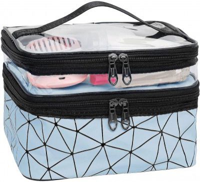 House of Quirk Makeup Bags Double Layer Travel Cosmetic Cases Make Up Organizer Toiletry Bags (Blue), 16 .5 Cm
