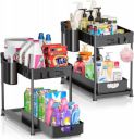 House of Quirk Under Sliding Cabinet Basket Organizer, 2 Tier Rectangle Storage Under Cabinet Bathroom Under Sink Organizers And Storage Under Sink Storage (Pack Of 2, Black)...