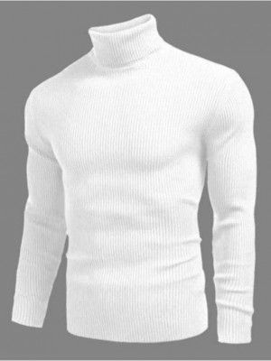 House Of Common  Men Striped High Neck Wool Blend White T-Shirt