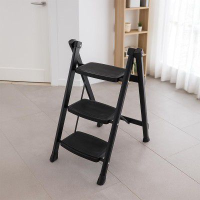 HOUZA 3-Step Steel Ladder, Anti-Slip Steps (Black)