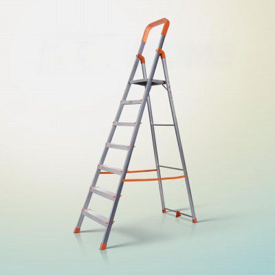 HOUZA Aluminium Ladder for Home 7 Steps Foldable with Anti-Skid Wide Steps | 250 Kg Load Capacity | 5 Year Warranty (Orange)
