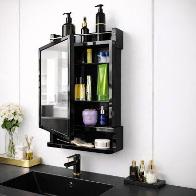 HOUZA Premium Look Plastic Wall Mounted Bathroom Mirror Cabinet with Storage (Black)
