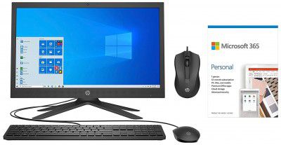 HP All in One Intel Celeron Processor 20.7" FHD PC with Alexa Built-in (4GB/1TB HDD/Wired Keyboard & Mouse/Win10/Jet Black), 21-b0109in + Wired Mouse + Microsoft 365 Personal 12-Month Subscription