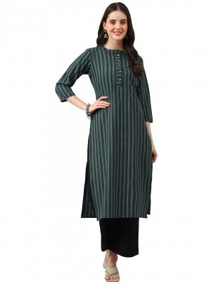 Hritika Women Dark Green Striped Cotton Blend Woven Kurta [ HRK0036_Parent ]