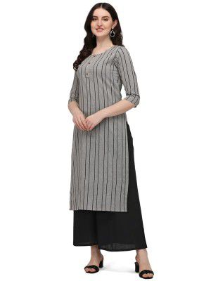 Hritika Women's Striped Grey Color Kurta with Calf Length (HRKR3_HRK0016GRY)