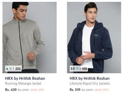 HRX by Hrithik Roshan Mens Jackets up to 80% off 