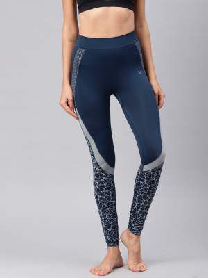 HRX by Hrithik Roshan Women Navy Blue & Grey Printed Rapid Dry Seamless Yoga Tights