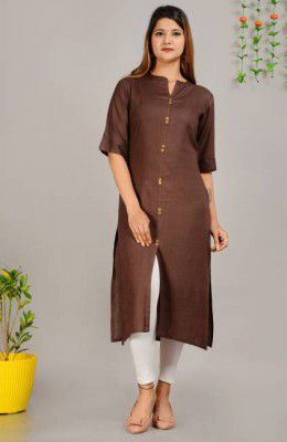 hkf  Women Solid Viscose Rayon Straight Kurta (Brown)