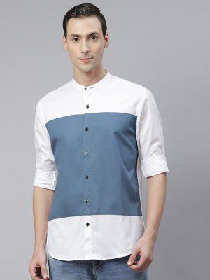 Hubberholme Men White & Blue Colourblocked Casual Shirt