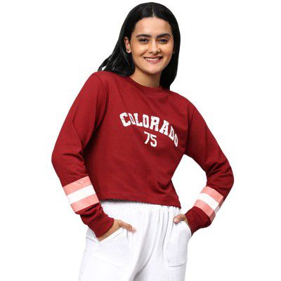 Hubberholme Women's Winter Wear Cotton Blend Panelled Sleeves Printed Crew Neck Sweatshirt