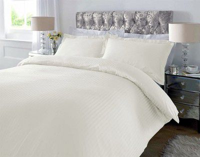HUESLAND by Ahmedabad Cotton 220 TC Double Fitted Bed Sheet with 2 Pillow Covers Striped Cotton Sateen Collection – 60 x 78 inches, Ivory