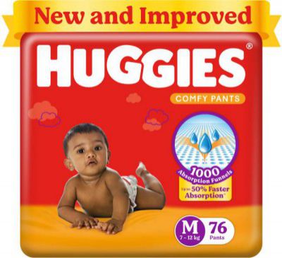 Huggies Comfy Baby Diaper Pants, Upto 50% Faster Absorption - M  (76 Pieces)