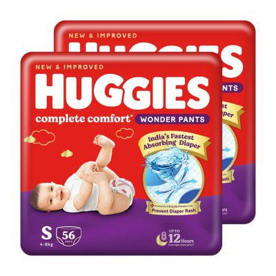 Huggies Complete Comfort Wonder Pants | Diapers Small Size (S), 112 Count | Ideal for 4 to 8 Kgs (56 Count, Pack of 2)