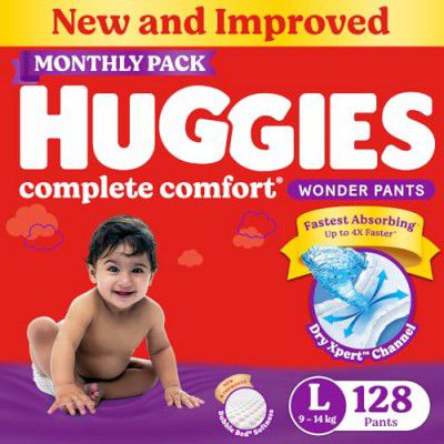 Huggies Complete Comfort Wonder Pants Large (L) Size Baby Diaper Pants Monthly Pack, 128 count, with 5 in 1 Comfort