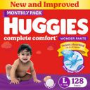 Huggies Complete Comfort Wonder Pants Large (L) Size Baby Diaper Pants Monthly Pack, 128 count, with 5 in 1 Comfort...