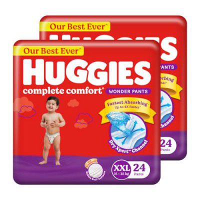 Huggies Complete Comfort Wonder Pants | Pant Style Baby Diapers XXL Size, 48 Count | India's Fastest Absorbing Diaper, Patented Dry Xpert Channel, Ideal for 15 to 25 Kgs