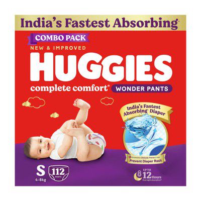 Huggies Complete Comfort Wonder Pants | Pant Style Baby Diapers Small Size, 112 Count , Ideal for 4 to 8 Kgs