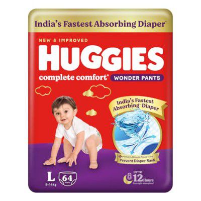 Huggies Complete Comfort Wonder Pants | Pant Style Baby Diapers L Size, 64 Count for 9 to 14 Kgs