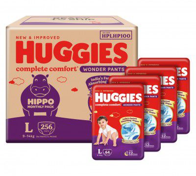 Huggies Complete Comfort Wonder Pants | Pant Style Baby Diapers Large Size, 256 Count | Ideal for 9 to 14 Kgs (64 count, Pack of 4)