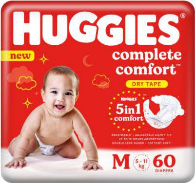 Huggies Dry Tape - Up to 2x Faster Absorption - Up to 12 Hours Overnight Absorption | - M  (60 Pieces)