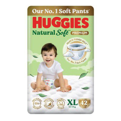 Huggies Natural Soft Premium Baby Diaper Pants, Extra Large (XL) Size (12-17 Kgs) | Pack of 42