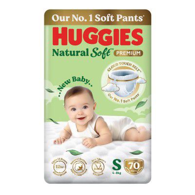 Huggies Natural Soft Premium Baby Diaper Pants, Small (S) Size (4-8 Kgs) | Pack of 70