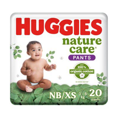Huggies Nature Care Pants, New Born/Extra Small Size (Upto 5 kgs) Premium Baby Diaper Pants, 20 Count