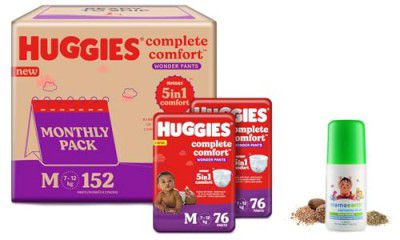 Huggies Wonder Pants Medium Size Diapers Monthly Pack (152 Count) & Mamaearth Easy Tummy Roll On Oil for Colic & Gas Relief with Hing & Fennel Oil, 40ml (For external use)