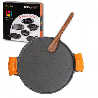 Human Hydro 12-Inch Cast Iron Dosa Tawa | Double Handle with Silicone Grips & Wooden Spatula 