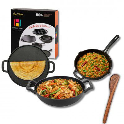 Human Hydro Cast Iron Cookware Set with Free Wooden Spatula - Kadai