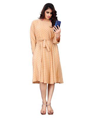 I ENTERPRISE Beige Crepe Fit and Flare Knee Length Dress |Stylish Dress|One Piece Dress Dress for Women|Women Dress|Dress for Women Stylish