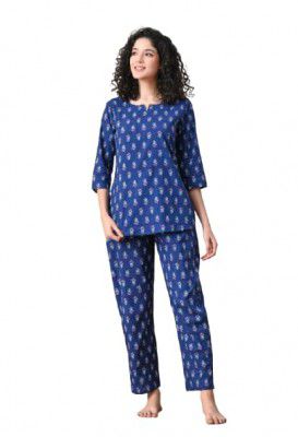 Ichaa Women's Cotton Printed Round-Neck Night Suit Set with Pocket