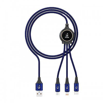 iGear Type A to Type C, Micro USB, Lightning 3.3 Feet (1M) 3-in-1 Cable (LED Indicator, Blue)
