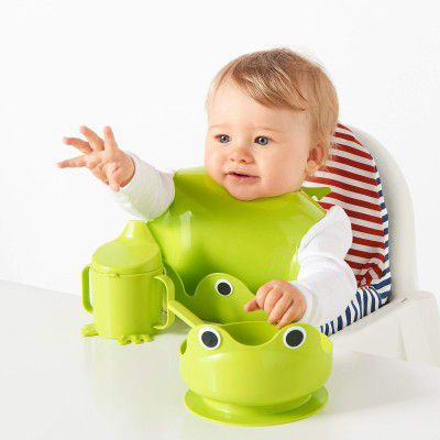 Ikea MATA Plastic Baby Eating Bowl, Spoon, Apron and Drinking Bottle (Green)